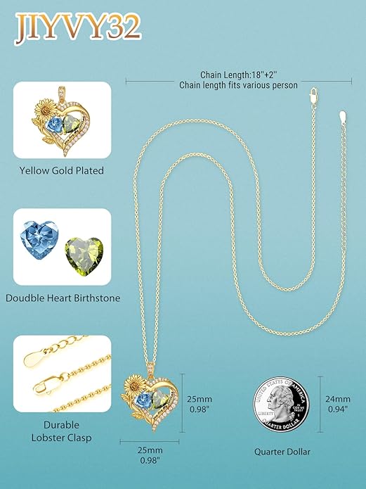 Sunflower Heart Necklace for Women 14K Gold Exquisite Anniversary Birthday Gifts for Wife Mother Her Double Birthstone Pendant jewelry‘You Are My Sunshine’