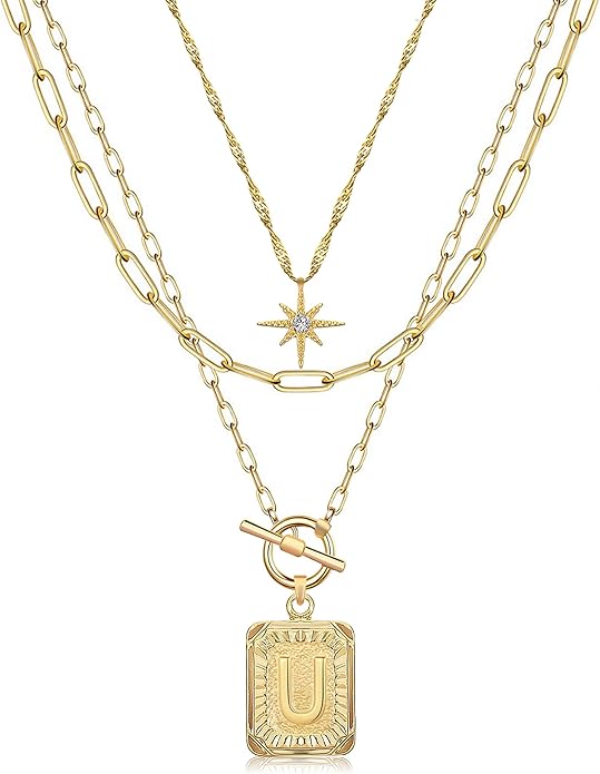 MJartoria Layered Initial Necklaces for Women Trendy, 14K Gold Plated Brass Simple Star Choker Square Letter Pendant Necklace, Paperclip Chain Necklaces Jewelry Gifts