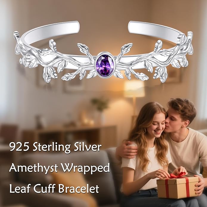 Amethyst Wild Vine Cuff Bracelet for Women, Sterling Silver Adjustable Bohemian Bangle, February Birthstone Gift for Her Purple Crystal Healing Jewelry