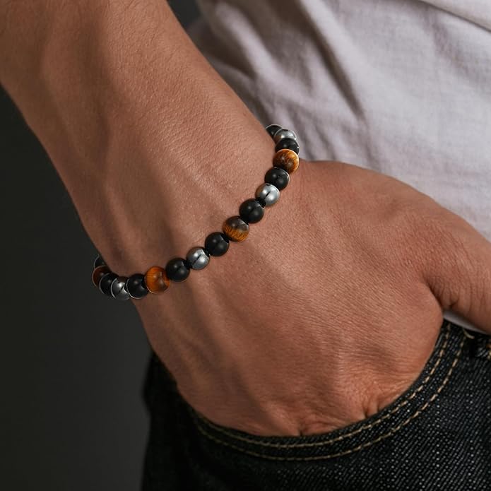 Triple Protection Bracelet for Men, Mens Black Obsidian Hematite Tiger Eye Beaded Natural Stone Evil Eye Bracelet Jewelry Gifts for Birthday Christmas