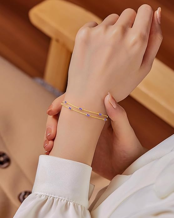 LOUISA SECRET Birthstone Bracelets for Women, 925 Sterling Silver Dainty Simple Women Charm Link Bracelet, Birthday Anniversary Jewelry Gifts for Women Wife Mom Her