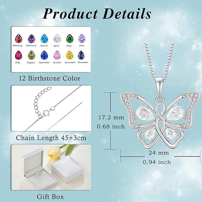 Butterfly Necklace 925 Sterling Silver Cubic Zirconia Birthstone Jewelry Gifts for Women Wife Mother