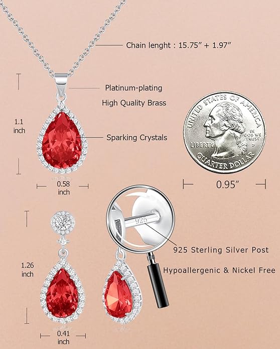 REASAYLL Jewelry Sets For Women 925 Sterling Silver Post Teardrop Dangle Stud Earrings Necklace Set Crystal Rhinestone Wedding Prom Costume Jewelry for Women