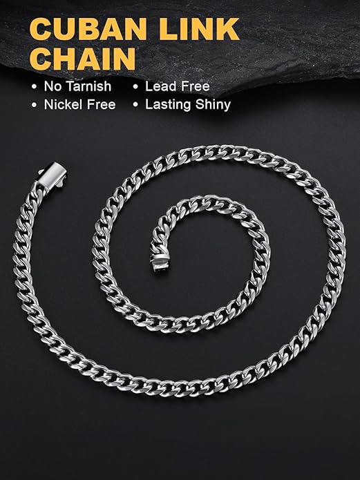U7 Cuban Link Chain Necklace for Men, Stainless Steel/Black/Gold Mens Necklaces, Chunky Curb Chain Necklace in 6/9/12mm Width 18-30 Inches, Thick Choker Jewelry with Box Packed