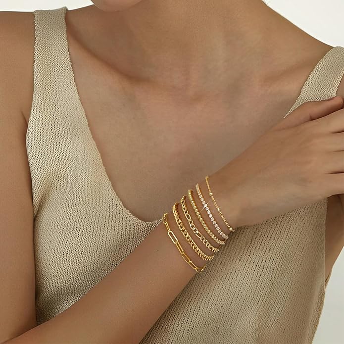 adoyi Gold Bracelets for Women, 14K Gold Plated Stackable Bracelet Stack Set Adjustable Charm Paperclip Chain Cuban Link Layered Waterproof Jewelry Sets Gifts for Womens 6.0/6.8/7.2"