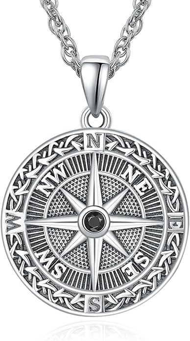 KINGWHYTE Compass Necklace for Men 925 Sterling Silver Birthday Gifts Graduation Travel Jewelry for Husband Brother with Stainless Steel Chain