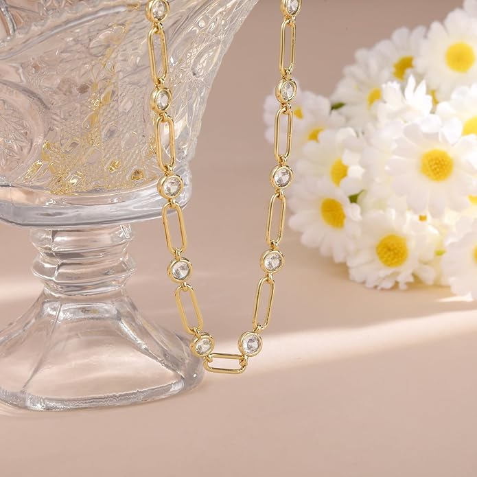 Cubic Zirconia Necklace, Dainty 14k Gold Plated Diamond Necklaces For Women Choker Necklace Simple Gold Plated CZ Jewelry Necklaces for Women Trendy Gifts