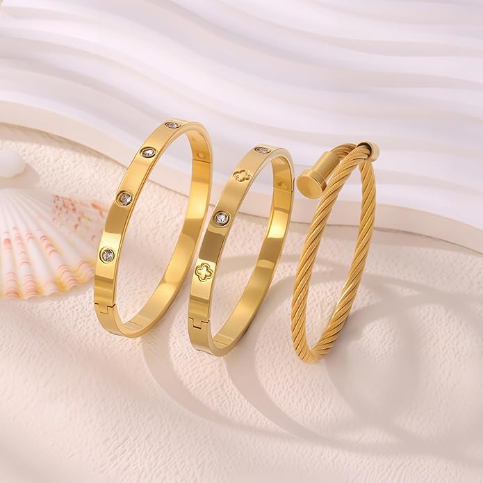 Gold Bracelets for Women - Stackable Bangles with Friendship & Love Theme - Stainless Steel Jewelry Gift for Her