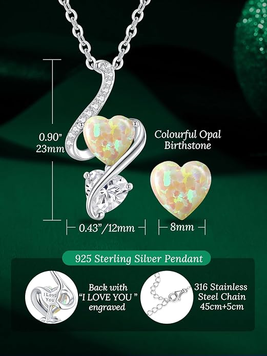 LOUISA SECRET 925 Sterling Silver Opal Birthstone Necklace, Unique Tiny Double Heart Pendant Jewelry, Engraved with "S925 I Love You" Best Birthday Gift for Women Wife Girlfriend Mom Her, Christmas Day Valentine's Day Anniversary Mother's Day