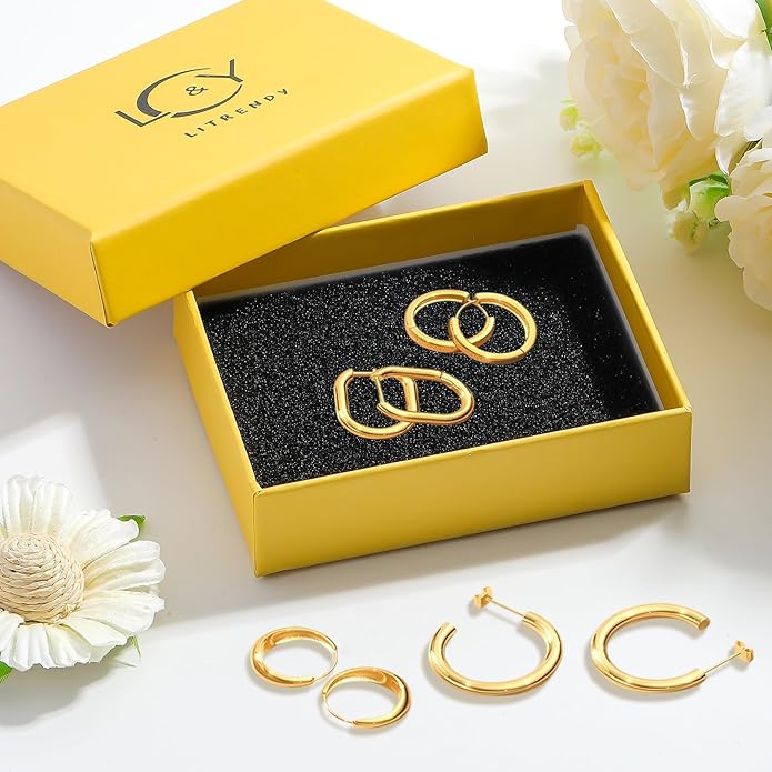 6 Pairs Gold Hoop Earrings Set for Women, Hypoallergenic 14K Gold Chunky Earrings, Lightweight Small Thin Cute Dainty Trendy Clip On Jewelry Gifts for Womens for Multiple Piercing (Gold & Silver)