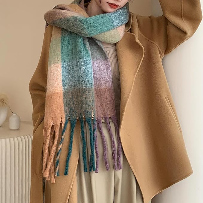 SHOHOKU Large Chunky Plaid Scarf Coloured Checked Oversized Scarf Tassel Soft Fall Winter Thick Warm Shawl Women