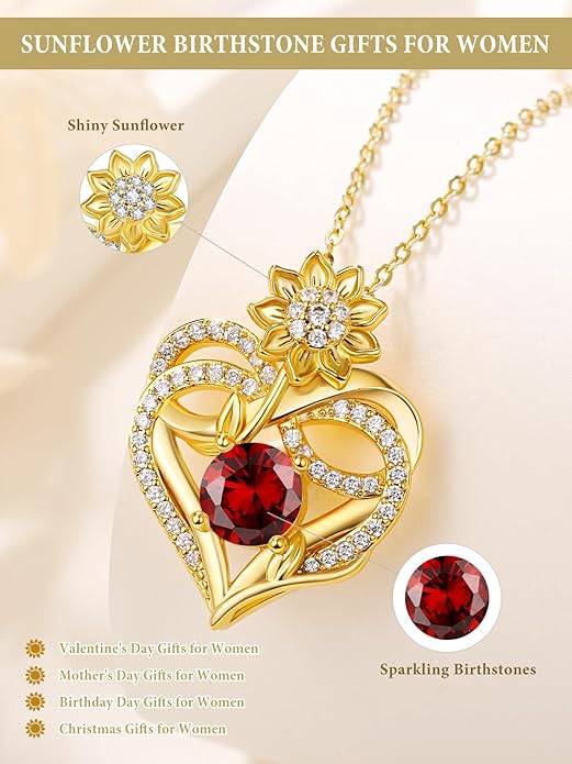 14K Gold Sunflower Birthstone Necklace for Women Infinity Love Heart Necklace Christmas Valentines Mothers Day Anniversary Birthday Gifts for Her Mom Wife Girlfriend Daughter
