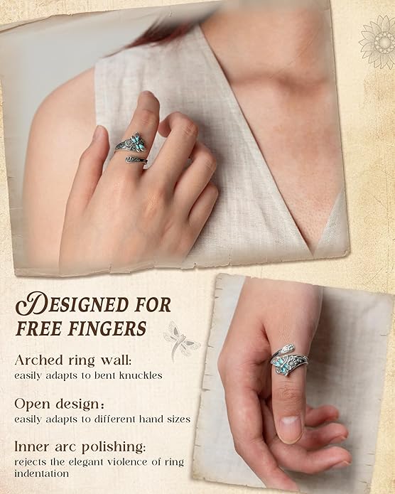 S925-Sterling-Silver Abalone Dragonfly-Turquoise Spoon Ring - Vintage Boho Sunflower Thumb Oxidized Wrap Rings Victorian Style Antique Floral Jewelry Gifts for Women