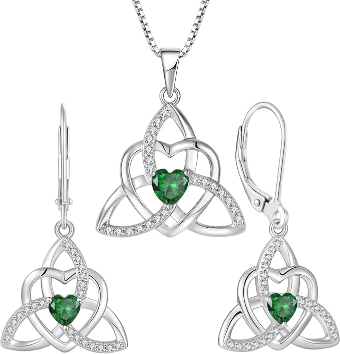 Trinity Knot Necklace Earrings 925 Sterling Silver Celtic Love Heart Knot Pendant Emerald Birthstone May Jewelry Set for Women
