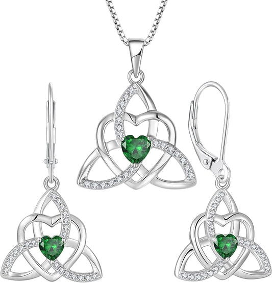 Trinity Knot Necklace Earrings 925 Sterling Silver Celtic Love Heart Knot Pendant Emerald Birthstone May Jewelry Set for Women