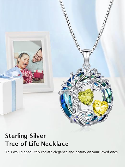 TOUPOP s925 Sterling Silver Family Celtic Tree of Life Pendant Necklaces with 2 Heart Birthstone with Blue Austrian Crystal Jewelry Birthday Anniversary Christmas Gifts for Her Wife Girlfriend Mom (18K Real White Gold Filled)