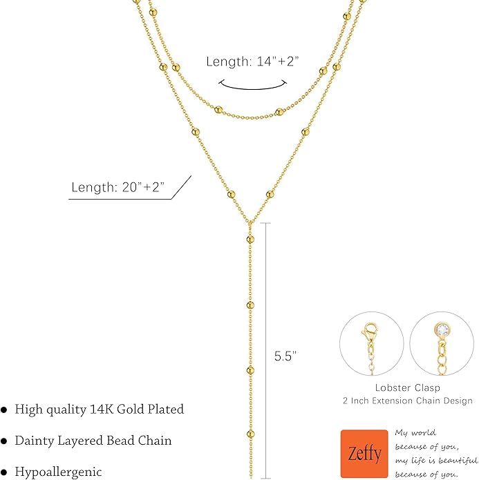 Zeffy Lariat Gold Necklace for Women, Dainty Long Necklace 14k Gold/Silver Plated Layered CZ Beaded Bar Chain Y-Shaped Body Chain Stack Drop Wedding Necklace Trendy Simple Gold Jewelry Gifts