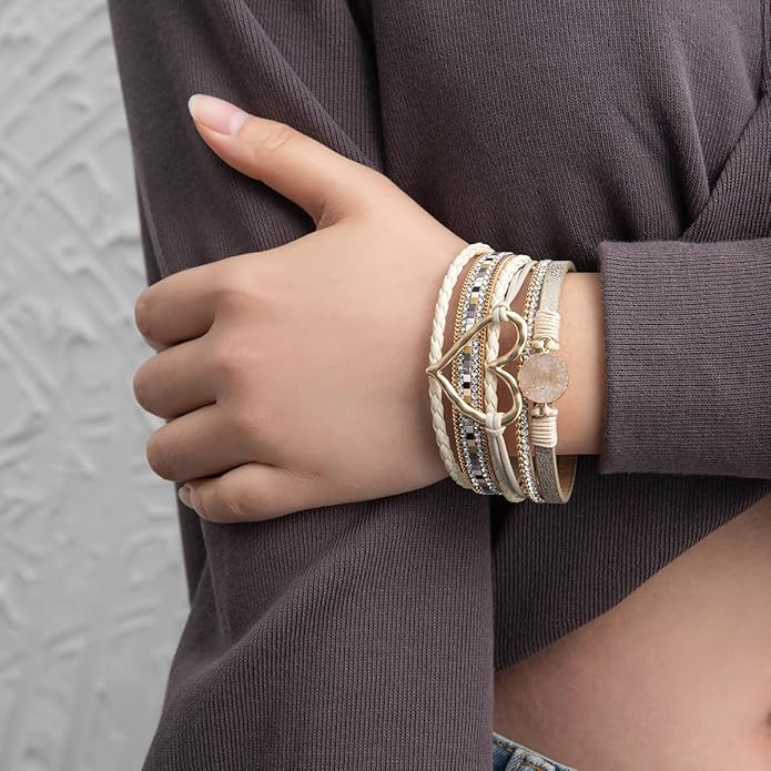Rantanto Braid Leather Wrap Bracelet Trendy Stackable Crystal Cuff Boho Gold Heart Bracelet Jewelry Gift For Women