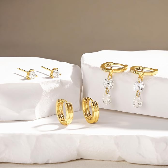 3 Pairs Earrings Set for Multiple Piercings, Gold Plated Studs Hoop Earrings Stack, CZ Dangle Earrings Set, Hypoallergenic for Sensitive Ears, Women's Gift