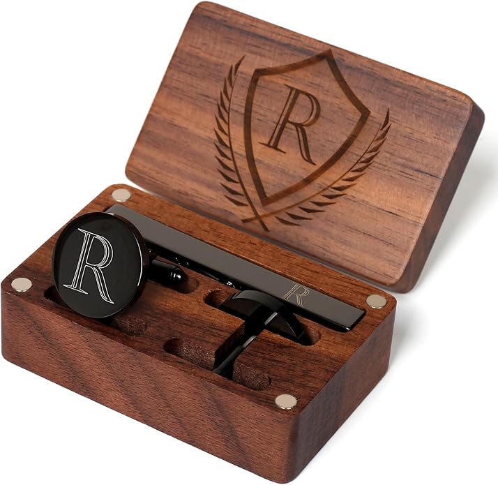 Mens Initial Cufflinks and Tie Clip A-Z Alphabet Letter Black Stainless Cuff Links Tie Bar with Engraved Walnut Wood Box Groom Groomsman Wedding Set