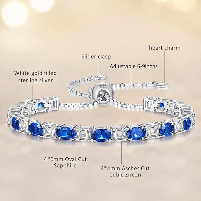 Sterling Silver Birthstone Bracelets for Women White Gold Tennis Bracelets Adjustable Chain 6-9 Inchs Jewelry Hypoallergenic Anniversary Birthday Gifts for Women Mom Wife Her