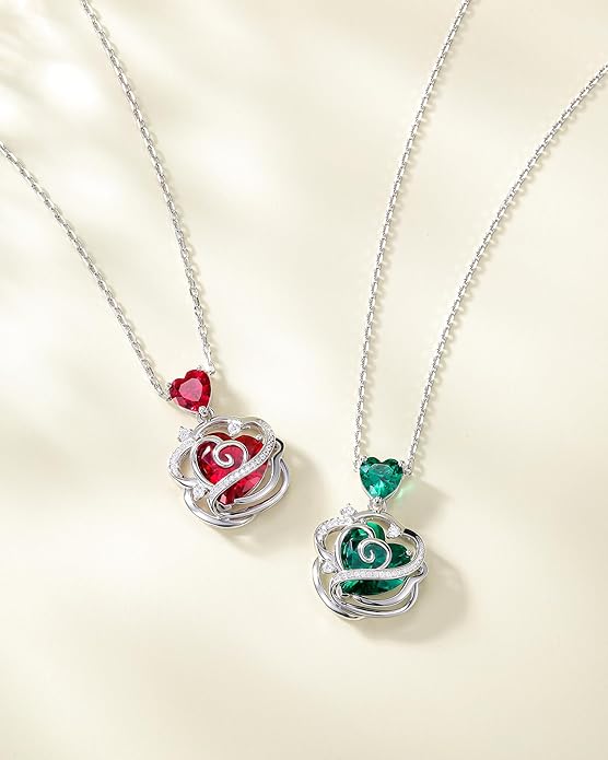 FANCIME Thornless Pulse Birthstone Necklace for Women Sterling Silver Rose Pendant Fine Jewelry Gemstone Birthday Valentines Day Gifts for Wife Her