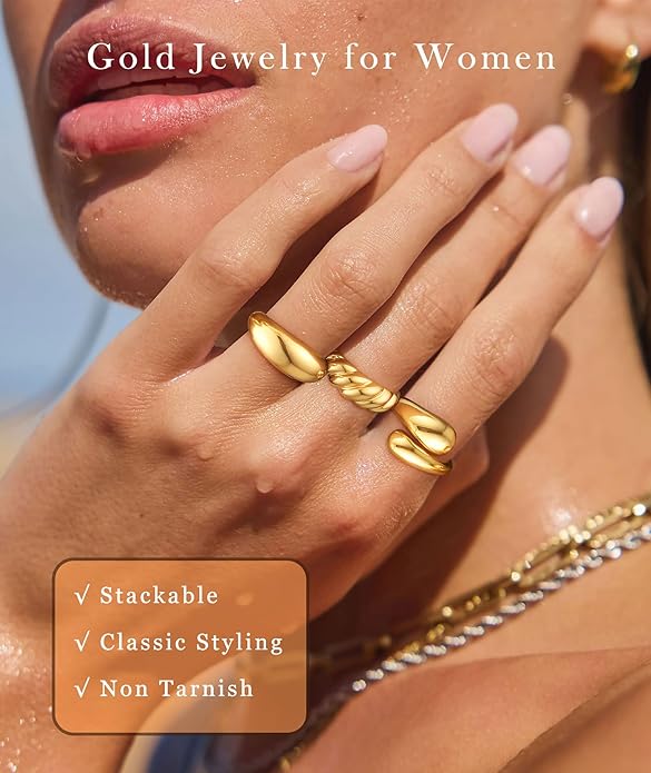 ZOERAY Chunky Gold Rings for Women Non Tarnish Trendy 14k Gold Plated Adjustable Signet Band Stackable Thumb Ring Set Open Twist Dome Statement Stacking Rings Jewelry Gifts for Women Size 5-10