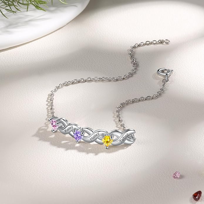 Personalized Custom Name Heart Bracelet with 1-6 Birthstone Bracelets for Women Engraved Family Names Link Bracelets for Mother's Day Mom Daughter