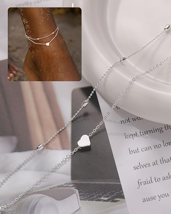 FUNEIA Gold Silver Ankle Bracelets for Women Waterproof 14K Gold Plated Anklets for Women Non Tarnish Dainty Layered Beaded Heart Anklet Set Summer Beach Foot Chain Jewelry Gifts Trendy Stuff