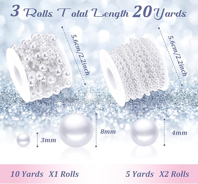 Bonuci 3 Rolls 66 Feet Pearls String Garland Faux Pearl Garland Spool Roll Strand Decoration Artificial Beads Chain Trim for Crafting String of Flowers Valentine Wedding Party(White,4mm)