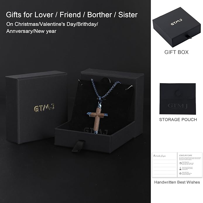 GTMJ Cross Necklace for Men -Stainless Steel & Wood Adjustable Box Chain 24-26in, Spiritual Jewelry Gift for Him, Everyday Wear
