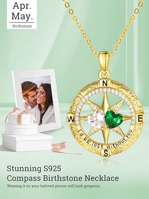 Zeuslia Double Birthstone Necklace Gifts for Wife - 925 Sterling Silver Sunflower/Rose/Crown Cross/Compass/Heart Pendant I Love You Necklace, Anniversary Birthday Gifts for Wife Girlfriend Mom Her
