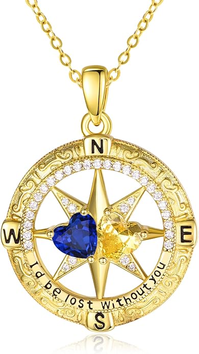 Zeuslia Double Birthstone Necklace Gifts for Wife - 925 Sterling Silver Sunflower/Rose/Crown Cross/Compass/Heart Pendant I Love You Necklace, Anniversary Birthday Gifts for Wife Girlfriend Mom Her