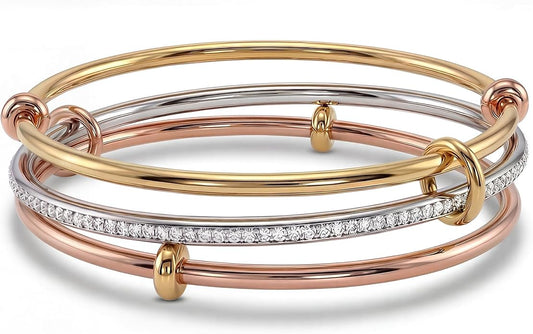Musishiyu Gold Bracelets for Women Stacking Bangle - 18K Mixed Metal Tri-Color Rolling Interlocking Bands, Cubic Zirconia Fidget Anxiety Jewelry, Valentine's Galentine's Day Gifts (Love, Loyalty, Friendship)