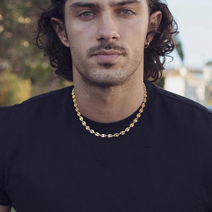 HZMAN Stainless Steel Necklace for Men Hip Hop Polished Coffee Bean Silver Men's Chain Necklace Jewelry Gift