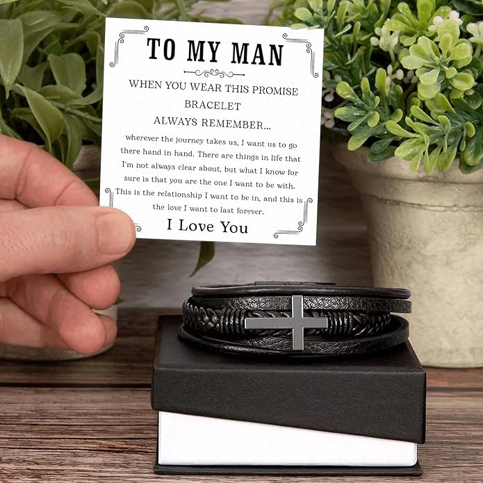 Mapileng To My Man – Braided Leather & Stainless Steel Bracelet with Heartfelt ‘Love You Forever’ - Elegant Gift Box Included, Gift from Girlfriend or Wife for Husband, Boyfriend, or Brother