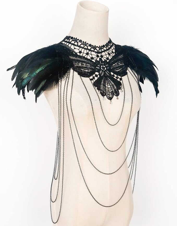 L'VOW Real Black Feather Harness Lace Collar Necklace Bib Halloween