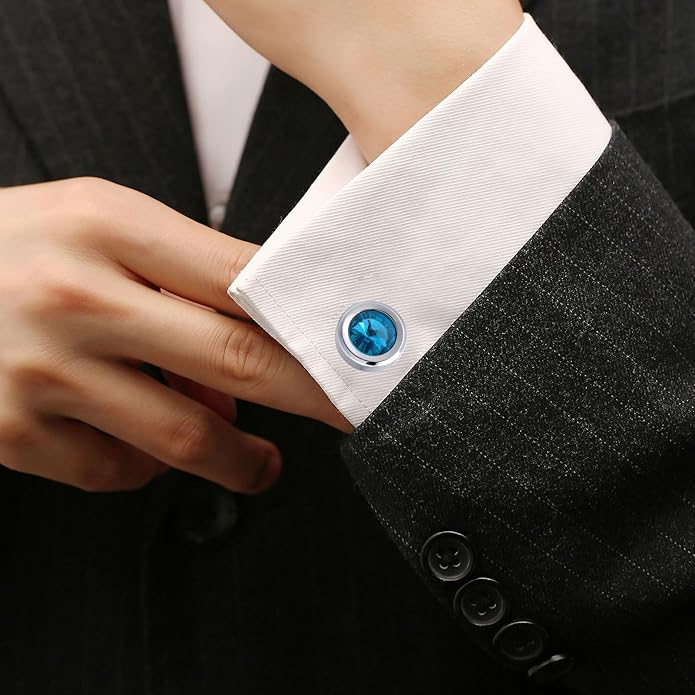 ZEEY Silver Round Crystal Gemstone Cufflinks for Men Women Classic Men's Cufflink Jewelry Set for Business Wedding Party Formal Events Daily Tuxedo Dress Shirt Accessories