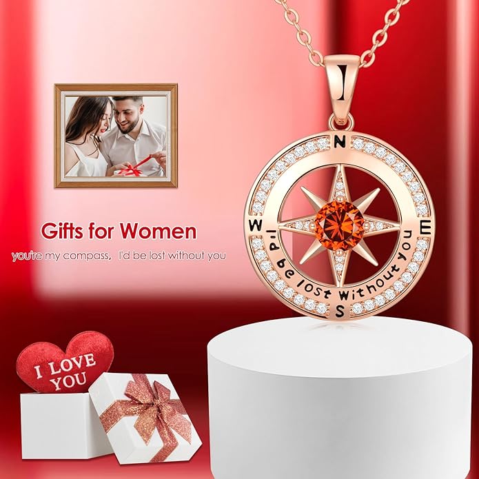 Zifeel Compass Necklace Gifts for Women wife - S925 Sterling Silver Birthstone Necklaces for Women - Anniversary Birthday Gifts for Her Wife Girlfriend - Valentines Mom Mothers Day Christmas Gifts Jewelry for Women