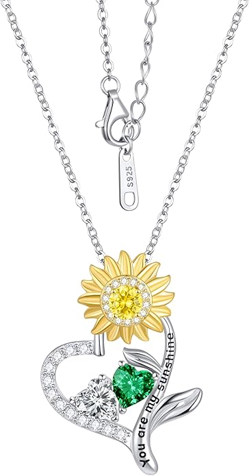 PERJI Valentine's Day Gifts for Women - 925 Sterling Silver Double Birthstone Sunflower Necklace, Anniversary Birthday Jewelry You are My Sunshine Gifts for Wife Couple Girlfriend 18"+2" Non Tarnish