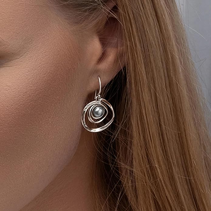 Jean Rachel Jewelry 925 Sterling Silver Dangle Earrings for Women with Freshwater Pearl - Free Form Vintage Design - Hypoallergenic, Lead & Nickel Free - Artisan Handcrafted Statement Earrings