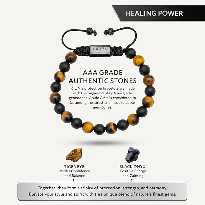 RTZN® Tigers Eye Bracelet for Men – Premium Artisan Handcrafted Golden Brown Tiger Eye Bead Bracelets – Natural Stone Tiger Eye Bracelet Men – Beaded Bracelets for Men