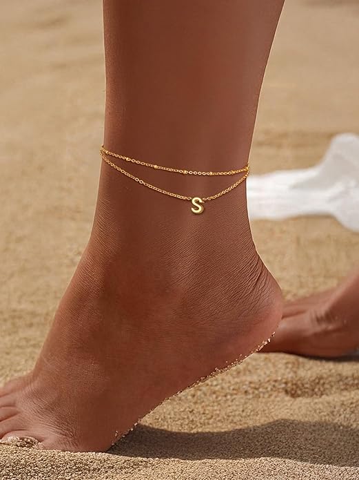 FaithHeart Initial Ankle Bracelets for Women, Waterproof 14k Gold Plated Initial Anklets Non Tarnish Stainless Steel Layered Anklet Summer Beach Foot Jewelry