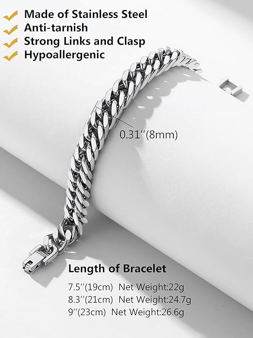 8/12/17mm Wide Cuban Link Bracelet for Men Father Gift 18K Gold/Black Plated Stainless Steel Bracelets 7.4-9 Inches(Gift Wrapped)