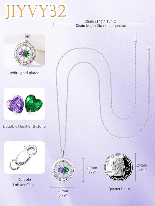 JIYVY32 Compass Birthstones Necklace for Women, Exquisite S925 Necklace Anniversary Birthday Gifts for Wife Her Double Birthstone Pendant jewelry ‘I'd be Lost Without You’