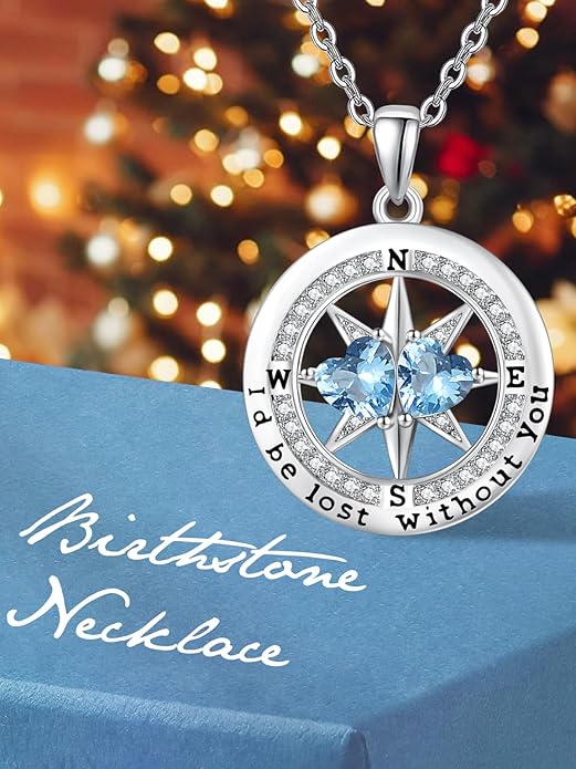 Compass Birthstones Necklace for Women, Exquisite Anniversary Birthday Gifts for Wife Her Double Birthstone Pendant jewelry ‘I'd be Lost Without You’