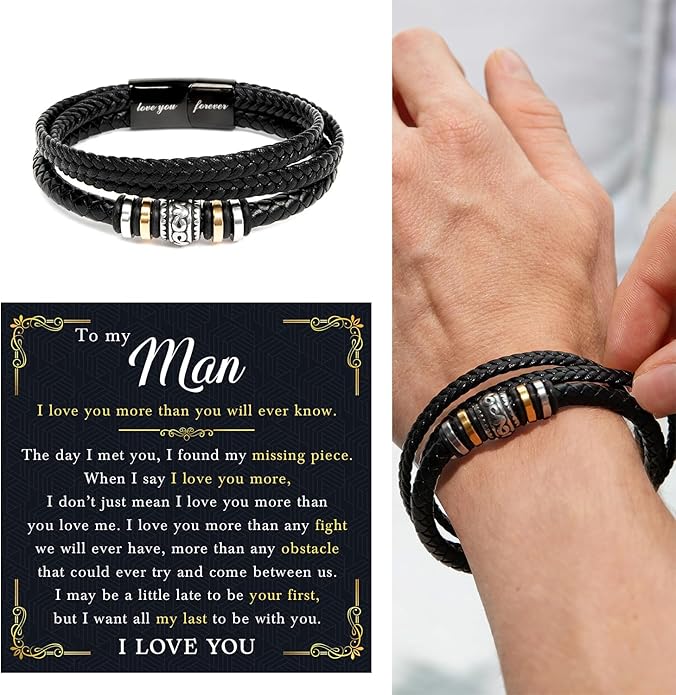Mapileng To My Man – Braided Leather & Stainless Steel Bracelet with Heartfelt ‘Love You Forever’ - Elegant Gift Box Included, Gift from Girlfriend or Wife for Husband, Boyfriend, or Brother