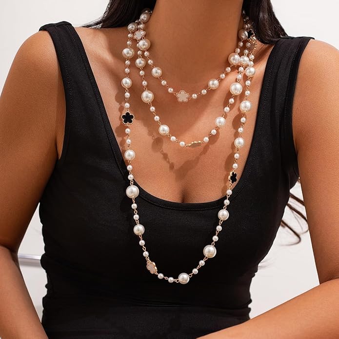 Long Pearl Necklaces for Women Pearl Long Chain Necklace Dainty Gold And Long Pearl Necklaces Layered Pearl Necklace Statement Sweater Strand Chain Jewelry