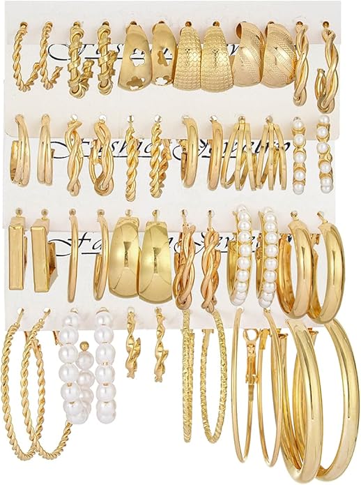 24 Pairs Chunky Gold Hoop Earrings Set for Women, Hypoallergenic Fashion Statement Hoops Earrings Pack Assorted Small Big Twisted Hoop Jewelry for Gift