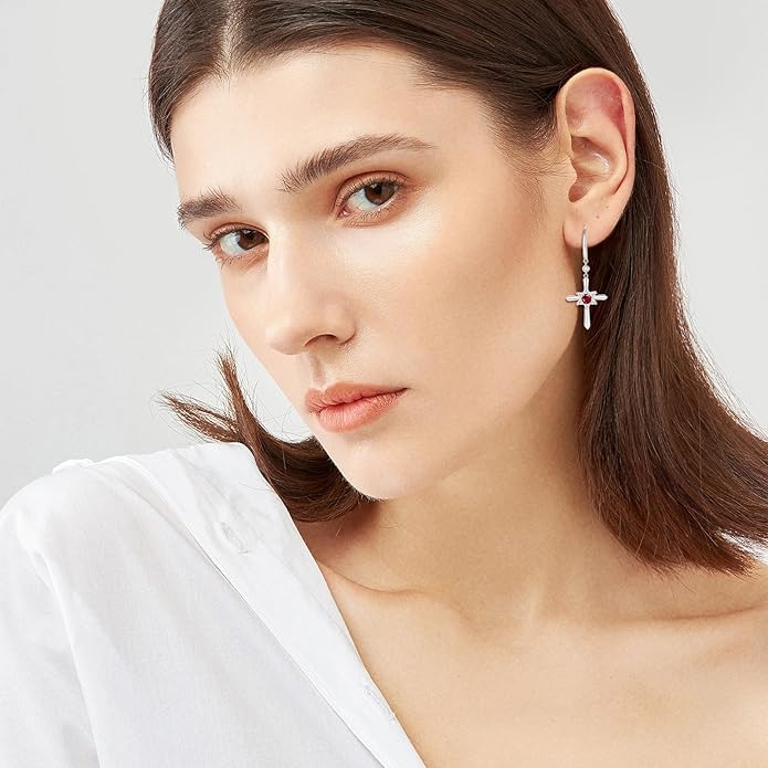 FANCIME Cross Dangle Drop Earrings 925 Sterling Silver Dainty Round Birthstone Earring Fine Jewelry Birthday Gifts for Her Women